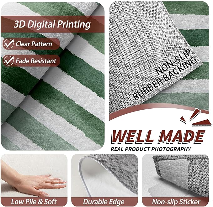 Striped Large Area Rug 8x10 - Green and White Stripe Minimalist Watercolor Rugs for Living Room Non Slip Low Pile Machine Washable Dining Room Rug, Striped Carpet Home Decor & Gifts