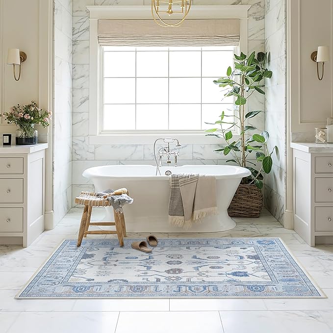 Fame Living Cream Blue Oushak Rug, Modern, Vintage, Turkish, Eclectic, Floral, Pastel, Washable, Extra Large Area Rugs for Living Room, Dining, Bedroom, Lounge, 9'x12'