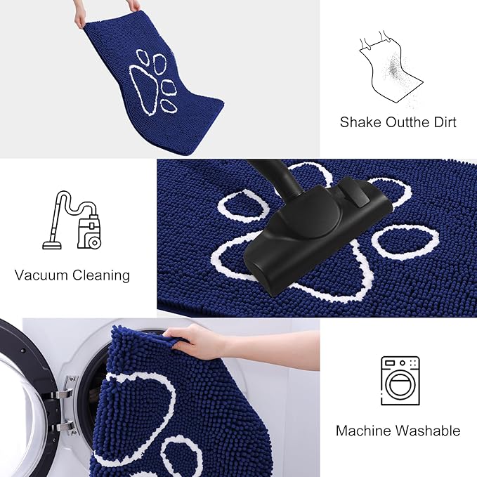 Smiry Dog Door Mat for Muddy Paws, Absorbent Dirt Trapper Non Slip Quick Dry Washable Chenille Mat for Mud Dogs, Entry Rug for Indoor and Outdoor (70x24 Inches, Navy Blue and White)