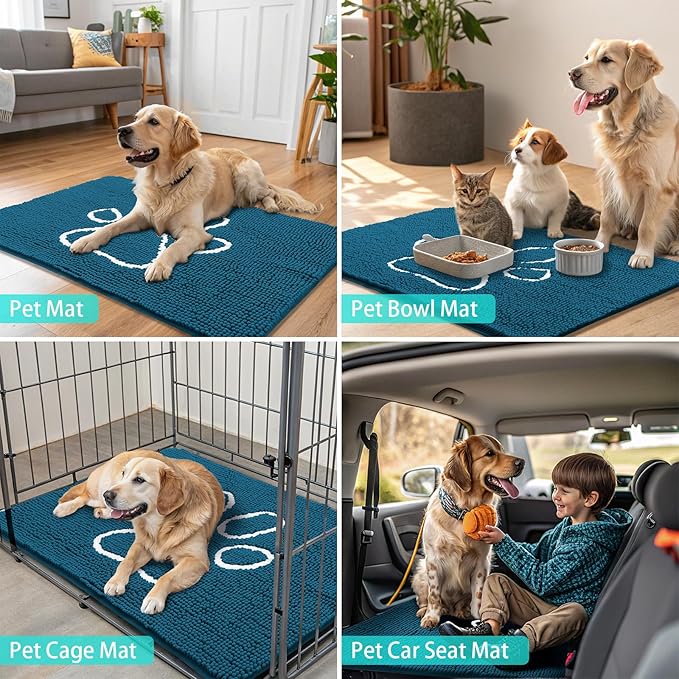 Smiry Dog Door Mat for Muddy Paws, Absorbent Dirt Trapper Non Slip Quick Dry Washable Chenille Mat for Mud Dogs, Entry Rug for Indoor and Outdoor (71x46 Inches, Atlantic Blue and White)