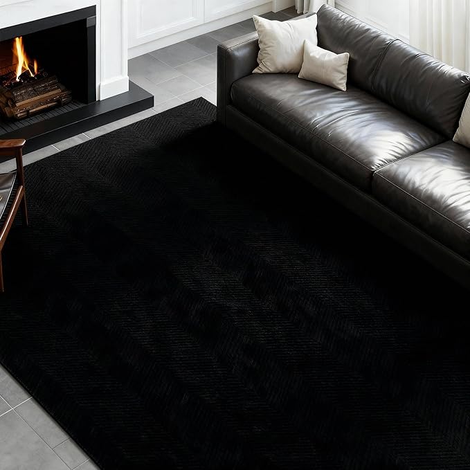 Area Rug for Living Room - 5x7 Soft Faux Rabbit Fur Modern Geometric Wave Carpet for Bedroom, Black