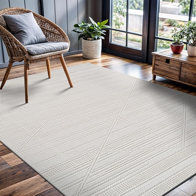 CAMILSON Micro Loop Rug 4x6 Modern Luxury Geometric Pattern Area Rugs Soft High and Low Pile Stain Resistant Easy-Cleaning Non-Shedding for Living Room Office Indoor Carpet (4 x 6 / White)