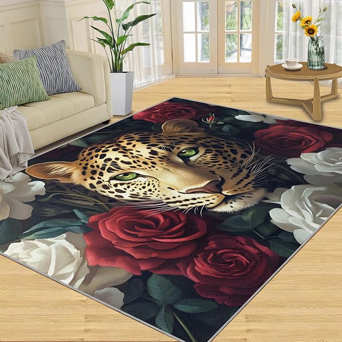 Leopard Rugs for Bedroom - 3x4 Area Rug - Flowers Leopard Rugs for Living Room, 3D Flowers Animal Rug, Washable Home Decor Carpet
