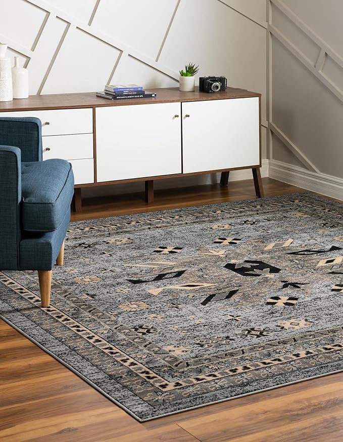 Unique Loom Taftan Collection Border Geometric Tribal Inspired Design Area Rug (8' 0 x 8' 0 Square, Gray/ Black)