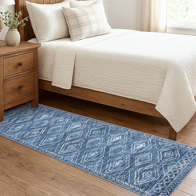 KILOCOCO Hallway Runner Rug 2x7 Runners for Hallways Washable Runner Rug Non Slip Rubber Backed Low-Pile Runners for Bedroom Kitchen Living Room Laundry Room Boho Rugs, Stonewashed Blue