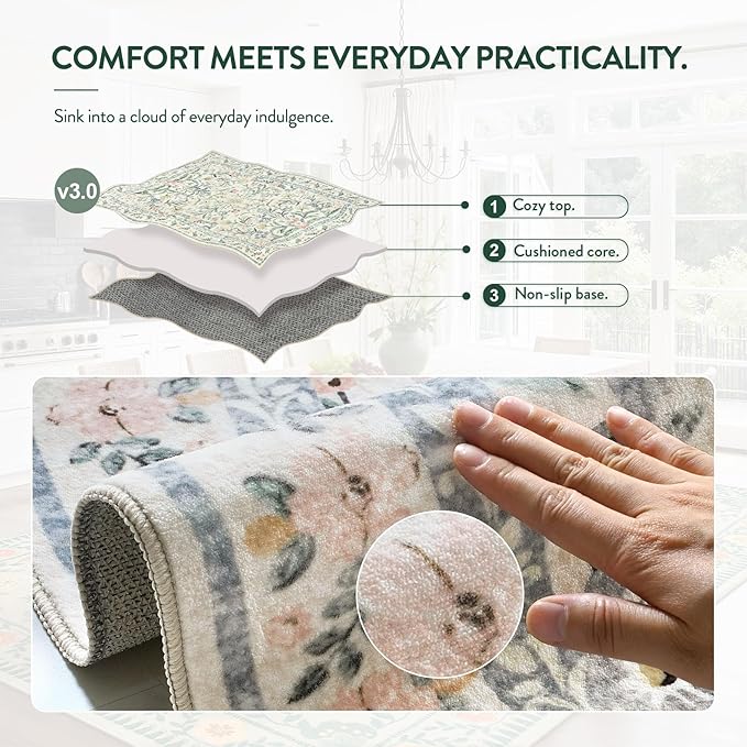 Lahome Boho Rugs for Living Room, Washable Large 8 x 10 Area Rugs for Bedroom Non Slip, Soft Ultra-Thin Distressed Floral Throw Carpet for Office Dining Room, Cream/Multi