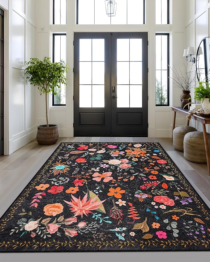 Boho Washable Area Rug 6x9 for Living Room, Bedroom, Office, Playroom, Kitchen or Dining Room, Soft Floral Carpet for Indoor Use, Easy Care Non-Slip Design (Black)
