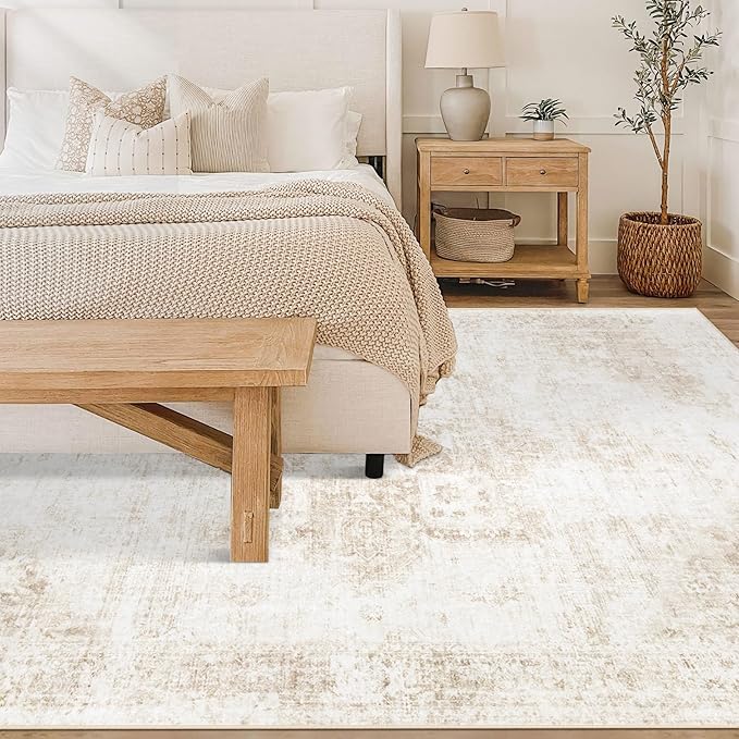 Area Rug 6x9 Washable Rug, Vintage Boho Medallion Rugs Non-Slip Soft Low Pile Large Distressed Rug Indoor Retro Carpet for Living Room Bedroom Dining Room Home Office (Beige, 6'x9')