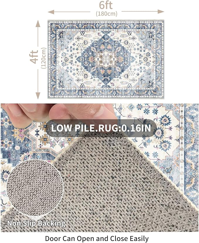 Enkor Area Soft Rugs 4x6 Washable Non Slip Boho Floor Rugs for Living Room Bedroom, Vintage Style Farmhouse Mat for Kitchen Entryway Blue & White