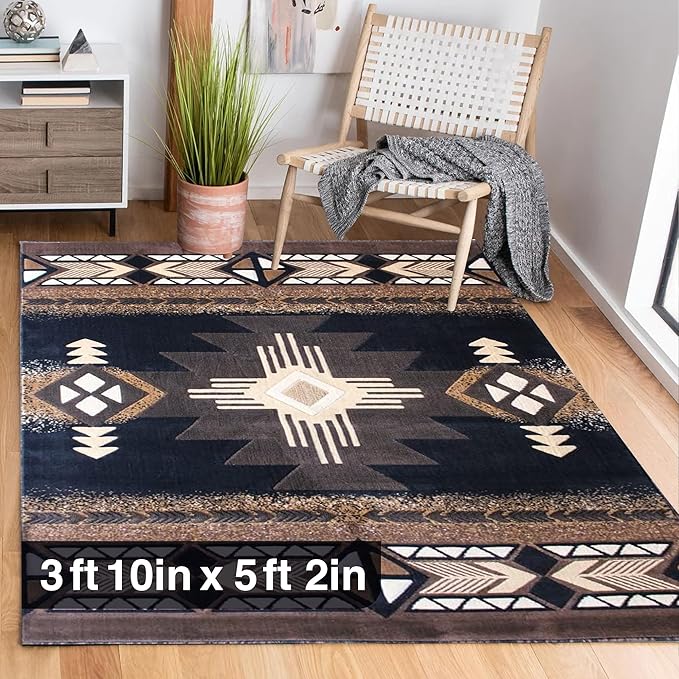 YHSF South West Native American Area Rug C318 - Easy Clean, Thick, Soft, Durable Native Tribal American Indian Inspired Rug for Bedroom/Living Room and more - Black, 3 Feet 10 Inches x 5 Feet 2 Inches