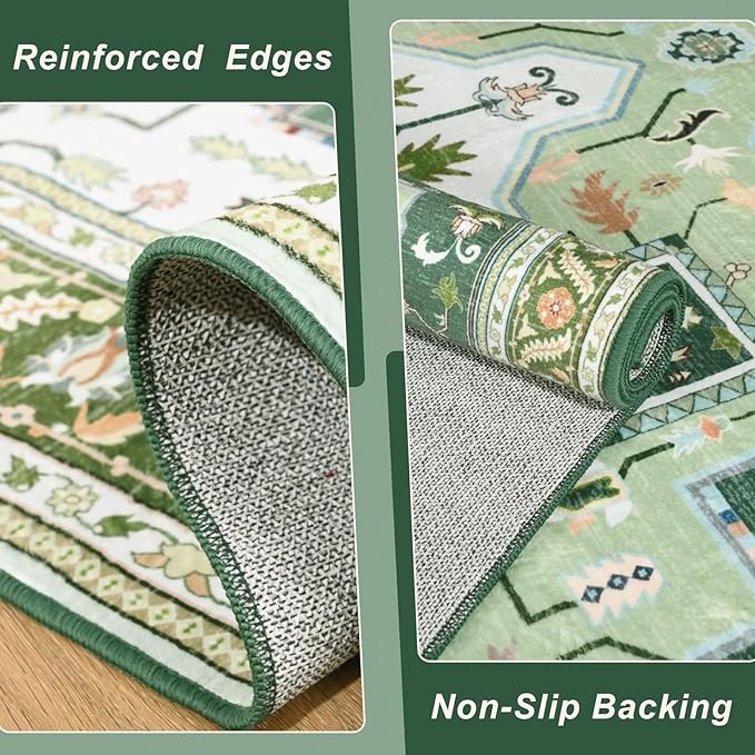 3x5 Green White Area Rug for Living Room, Machine Washable Rugs with Non-Slip Backing for Bedroom, Vintage Medallion Carpet Kitchen Laundry Kids Room Decor