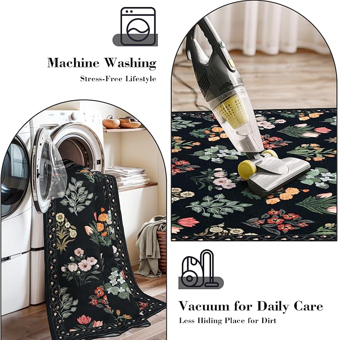Wonnitar Floral Print Rug for Living Room, Black Washable 5x7 Area Rugs, Ultra-Thin Non Slip Stain Resistant Bedroom Carpet for Dining Room Playroom Office Dorm, Black/Multi