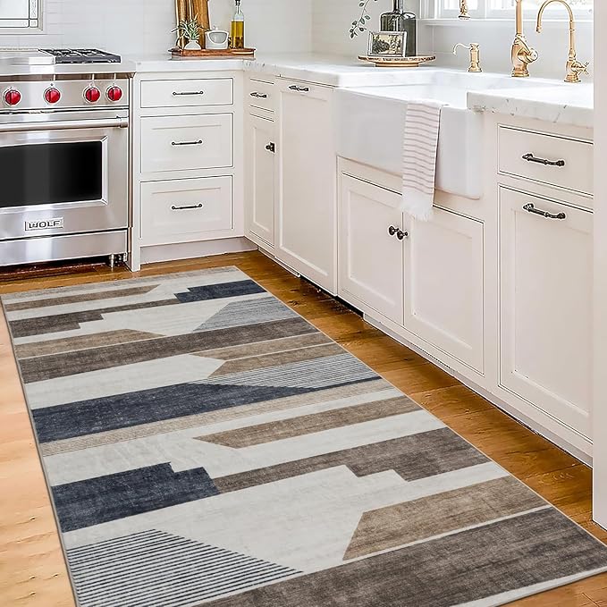 ReaLife Rugs Machine Washable Area Rug Runner - Living Room Bedroom Bathroom Kitchen Entryway Office - Non-Slip Baking Low Pile Stain Resistant Premium - Modern Geometric - Theo - Beige 2'6" x 8'
