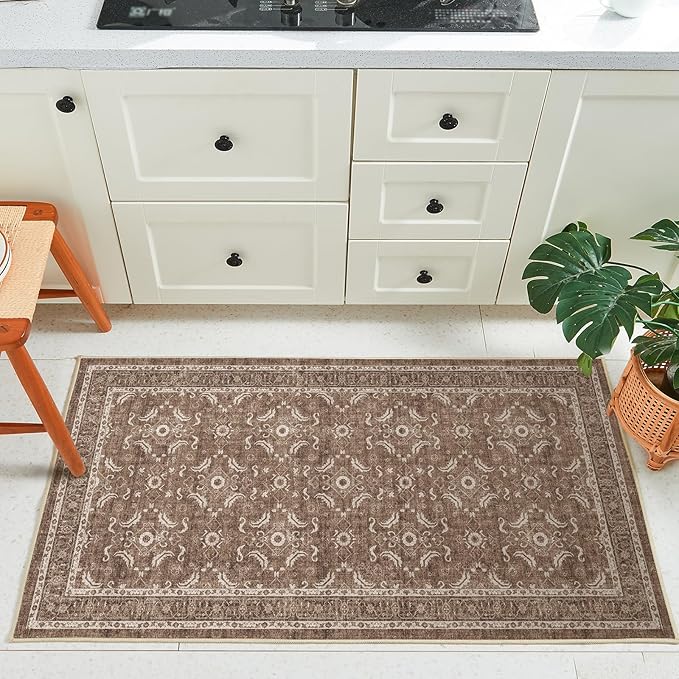 WITSHOCK Washable 2x4 Entryway Area Rug, Soft Non-Slip Rugs Vintage Flower Accent Small Rugs for Bedroom, Kitchen, Living Room, Nursery Entrance, Dark Brown