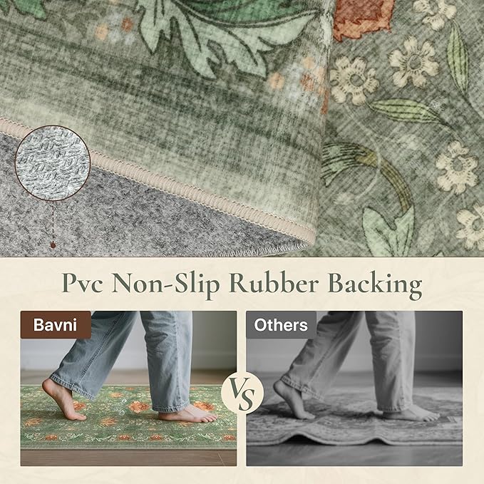 Bavni 8x10 Area Rugs for Living Room, Microfiber Machine Washable Non-Slip Vintage Floral Rug, Low Pile Lightweight Carpet for Bedroom, Dining Room, Home Office, Bean Green