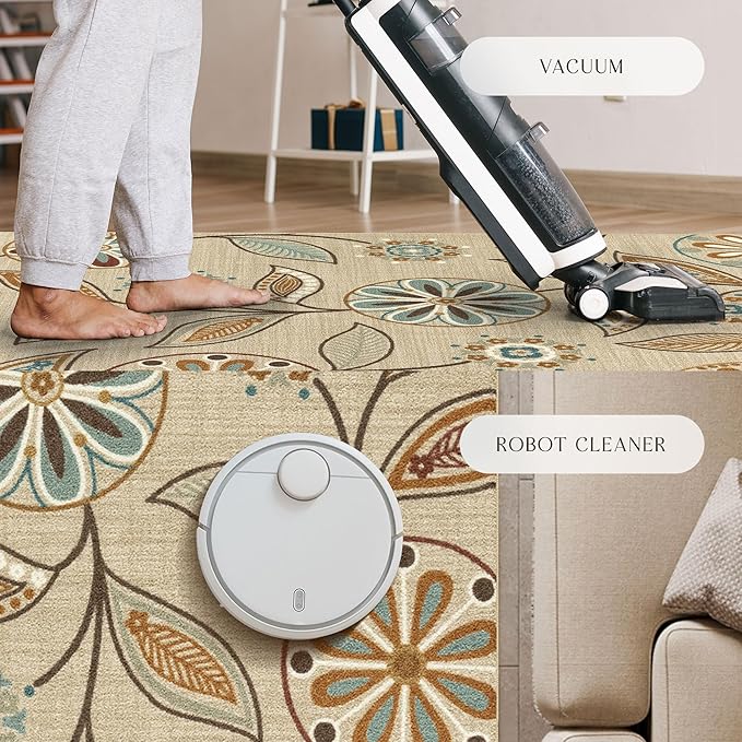Maples Rugs Reggie Floral Runner Rug - Made in USA - Washable, Non Slip Indoor Carpet for Kitchen, Hallway, and Laundry Room, 2'6" x 8', Beige