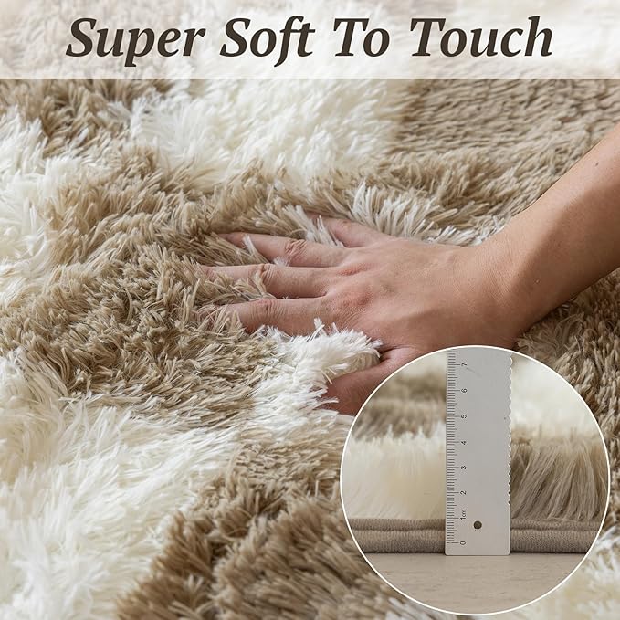 4x6 Area Rugs for Living Room Bedroom, Soft Fluffy Shaggy Bedside Rug, Indoor Floor Carpet for Kids Playroom, Dorms, Nursery Rooms, Home Decor (Camel & White 4'x6')