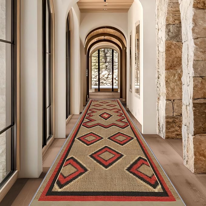 Brown Base Red Black Diamond Runner Rug, 2x7ft Zigzag Pattern Hallway Runner Rug, Corridor & Foyer High-Traffic Area Rugs, Durable Flannel Carpet Non-Slip Mat, Southwestern Home Decor