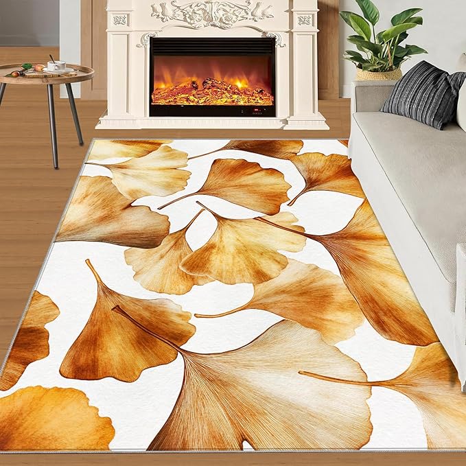 Golden Leaf Rugs for Bedroom - 2x3 Area Rug - 3D Ginkgo Leaf Rugs for Living Room, Modern Simple Art Rug, Non-Slip Washable Home Decor Carpet