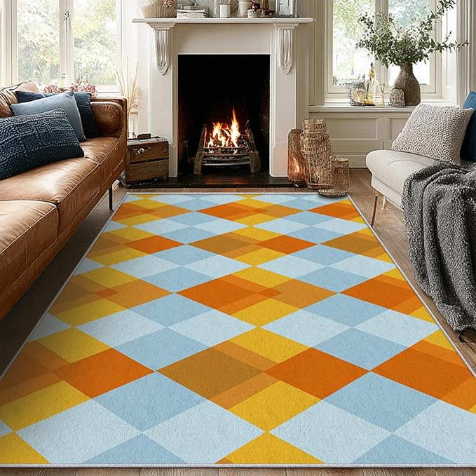 Washable 2x3 Diamond Small Rug Entryway, Geometric Orange and Blue Plaid Design Indoor Door Mat for Bedroom Entrance, Diamond Home Decor, Low Pile, Non Slip, Kids & Pet Friendly (N4134)