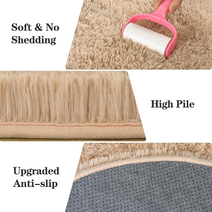 Soft Fluffy Area Rug for Bedroom, Beige Fuzzy Shaggy Oval Throw Rugs for Bedside, Non-Slip Cozy Plush Shag Carpet for Kids Room Nursery Dorm Living Room, 2.6 x 5.3 Feet