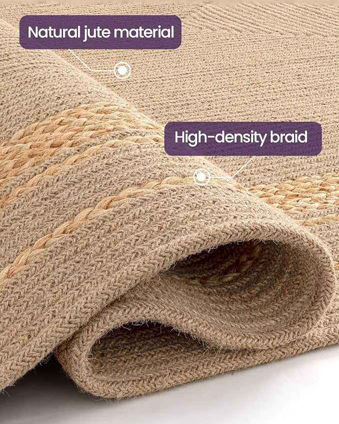 DEXI Jute Rug Natural Fiber 6x9, Braided Woven Area Rugs No Shed, Large Soft Neutral Rustic Carpet Mat for Indoor Entryway Outdoor Patio Dining Living Room Bedroom Farmhouse, Beige/Natural
