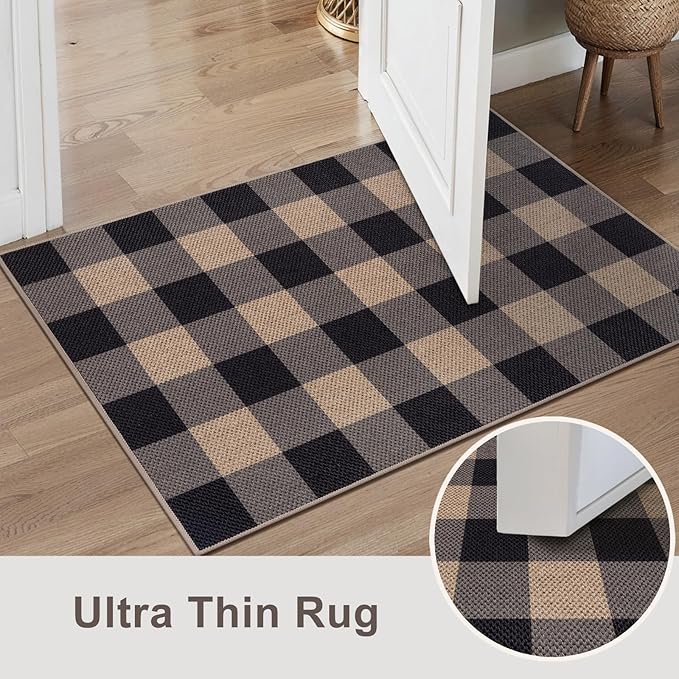 Tangsoo Checkered Easy Jute Rug, 2x3 Washable Ultra Thin Rug for Entryway Non-Slip Black Grey Outdoor Rug,Modern Front Door Mat Carpet for Kitchen Bedroom Porch Doorway