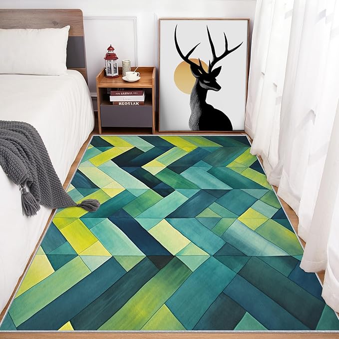 4x4 Geometric Zigzag Rugs for Bedroom Decor, Washable Green Chevron Pattern Area Rug, Living Room Home Decoration, Non Slip Soft Thin, Modern Abstract Geometry Decor Carpet PF-P 49
