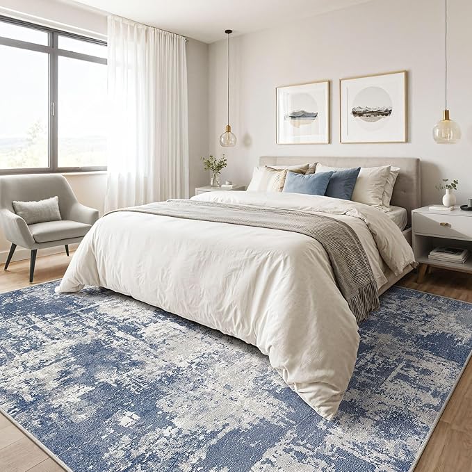 Area Rug Living Room Rugs: 5x7 Washable Large Abstract Modern Soft Stain Resistant Indoor Floor Non Slip Accent Carpet for Bedroom Nursery Playroom Dining Room Office Dorm Home House- Navy Grey