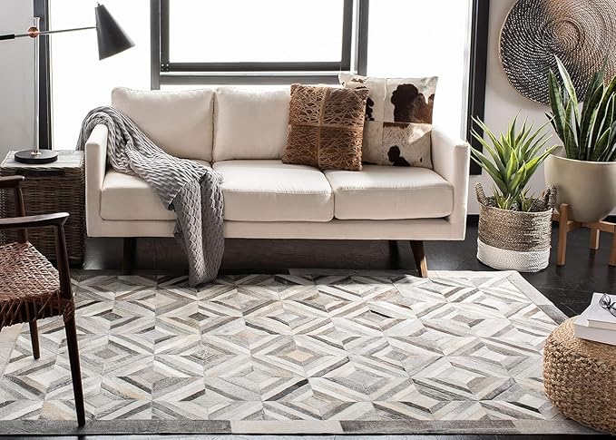 Premium Diamond Pattern Leather Area Rug, Geometric Cowhide Patchwork Carpet - 8X10 ft, Luxury Beige and Grey Non-Slip Floor Accent for Dining Room, Living Room, Hallway