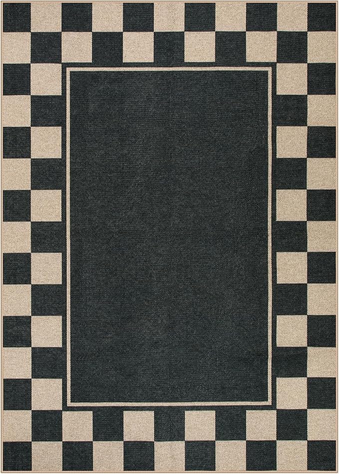 Moynesa Checkered Easy Jute 5x7 Area Rugs for Living Room, Washable Outdoor Patio Rug for Backyard Porches Non Slip, Black Farmhouse Carpet for Dining Room Balcony