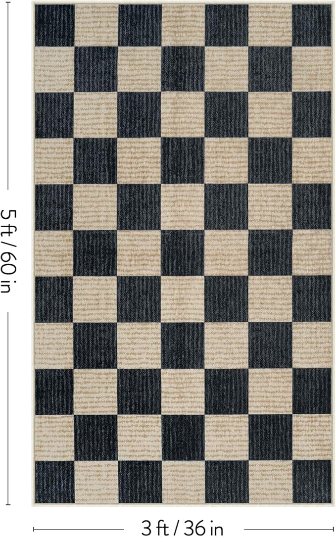 LIVEBOX 3x5 Washable Area Rug Checkered, Non-Slip Small Entryway Rug Black Farmhouse Neutral Classic Geometric Boys Rug for Bedroom Living Room Low-Pile Carpet for Indoor Kitchen Bathroom(Black 3'x5')