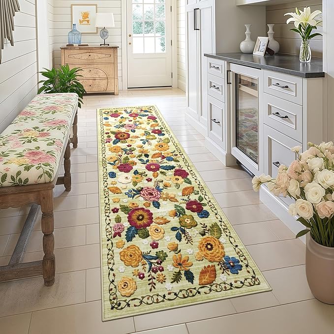 2x6 Machine Washable Runner Rug, Kitchen Hallway Area Rug Green Vintage Boho Floral Ultra Non-Slip Low Pile Soft Faux Wool Carpet, Kids and Pets Friendly for Bedroom Entryway Nursery Home Decor Rug