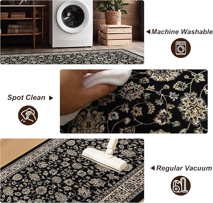XWZO Runner Rug 2x6ft, Washable Hallway Runner with Non-Slip Backing, Spill Stain Resistant Floor Mat for Entryway Corridor Bedroom Kitchen Farmhouse, Soft Low-Pile Area Carpet, Black