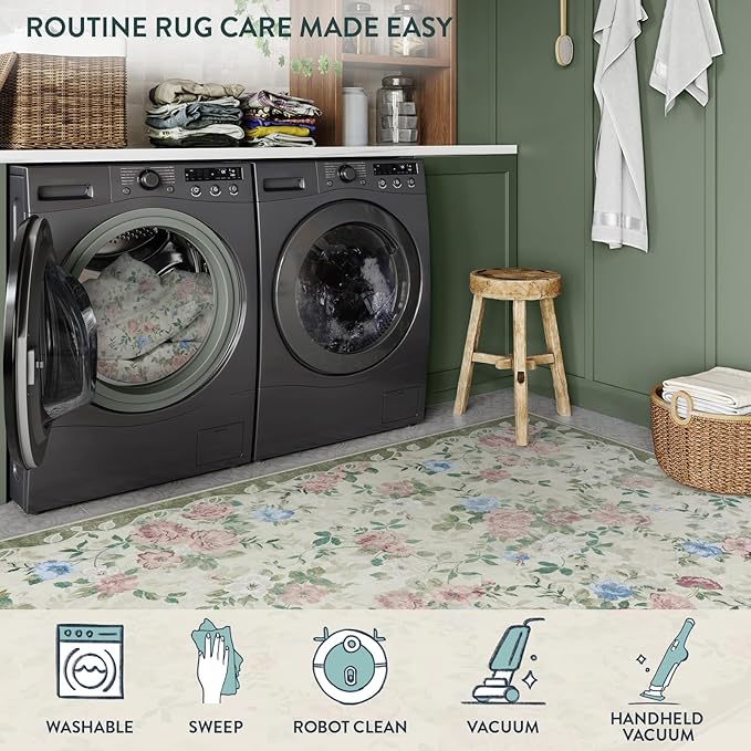 Lahome Vintage Floral Area Rugs 8x10,Large Rugs for Living Room Boho Area Rug Machine Washable, Low Pile Bedroom Rugs 8x10 Carpet for Office Rug Playroom Dining Room（Cream/Green）