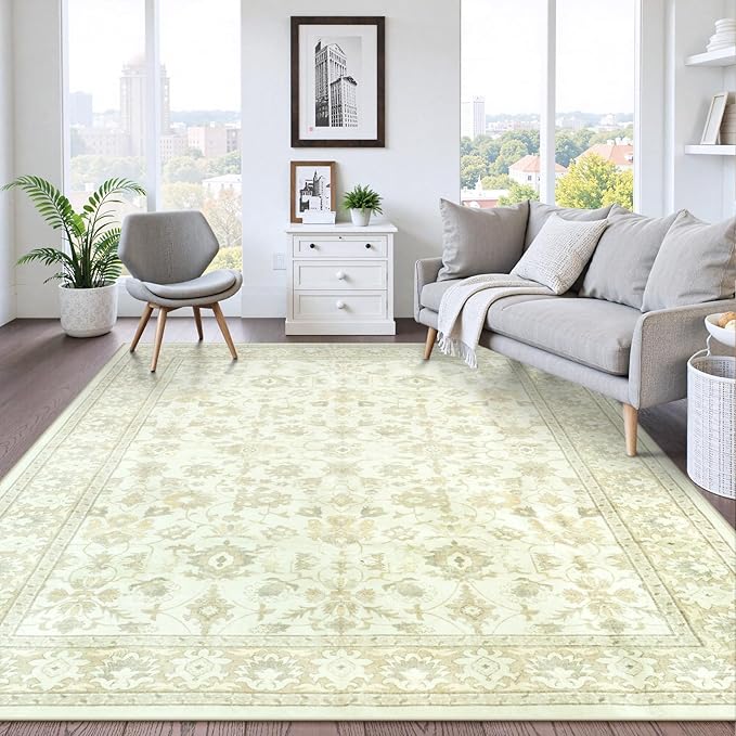 LIVEBOX Washable Area Rug 8x10 - Large Beige Boho Living Room Rug Vintage Rugs for Bedroom, Non-Slip Retro Floral Carpet Print Distressed Accent Rugs for Dining Room Home Office