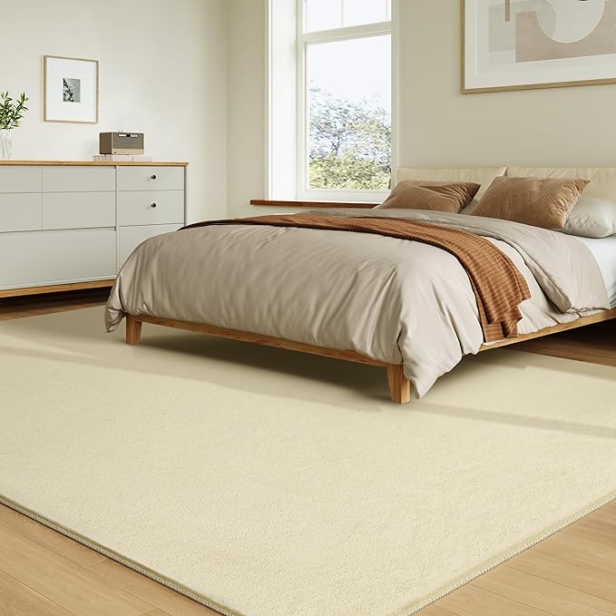 Solid Washable Area Rug - 8x10 Medium Pile Faux Cashmere Carpet for Living Room Bedroom, Light Yellow