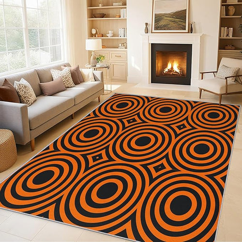 3x4 Geometric Circle Rugs for Bedroom Decor, Washable Retro 60s 70s Geometry Pattern Area Rug, Living Room Home Decoration, Non Slip Soft Thin, Black Orange Decor Carpet PF-P 49