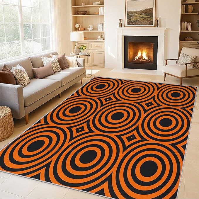 8x12 Geometric Circle Rugs for Bedroom Decor, Washable Retro 60s 70s Geometry Pattern Area Rug, Living Room Home Decoration, Non Slip Soft Thin, Black Orange Decor Large Carpet PF-P 49