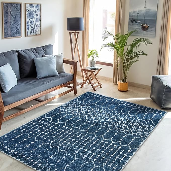 Lahome Moroccan Blue Carpet for Living Room 4x6 Area Rug Non-Slip Ultra-Thin Soft Bedroom Rug Stain Resistant Modern Carpet with Geometric Print, Suitable for Office, Kitchen, Entryway, Dining Room