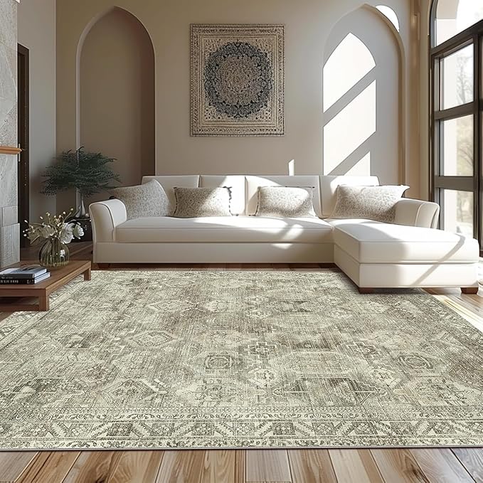 Bavni Area Rug 5x7 Machine Washable Vintage Distressed Print Ultra-Thin Chenille Bedroom Living Room Accent Rug, Low Pile Lightweight Non Slip with Gripper, Forgotten Sandstone