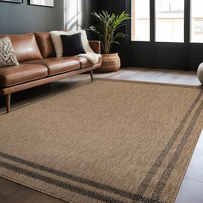 Easy Jute Rugs 6x9 Bordered Natural Color Living Room Indoor Outdoor Area Rug for Patio and Kitchen Rug High Traffic Washable Easy to Clean Solid Boho Woven Design Outside Carpet (6 x 9)