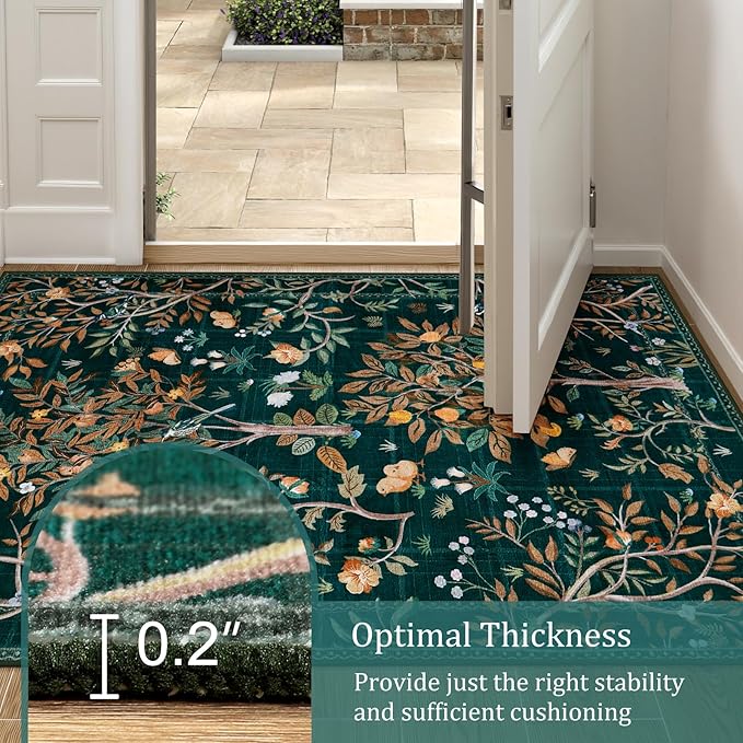 Morebes Boho Living Room Rug 8x10, Washable Kids Playroom Area Rug Non Slip, Soft Large Botanical Flower Indoor Floor Throw Carpet for Bedroom Nursery Dining Room, Dark Green