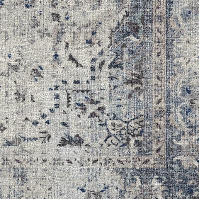 RUGGABLE Washable Vintage Area Rug – Sarrah Blue Quartz 4x6, Stain-Resistant, Non-Slip – Medium Machine Washable Rugs for Living Room, Bedroom, Hallway, Entryway & Office–with Standard Pad
