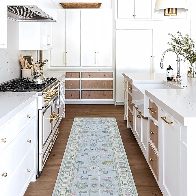 Fame Living Cream Blue Oushak Runner Rug, Modern Runners, Vintage, Turkish, Eclectic, Floral, Pastel, Washable, Runner for Hallway, Kitchen, Bedroom, Bathroom, 2'5"x9'8"