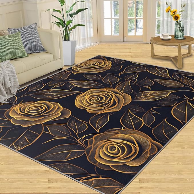 Rose Rugs for Bedroom - 5x8 Area Rug - Black Gold Flowers Rugs for Living Room, European Light Luxury Flowers Rug, Washable Home Decor Carpet