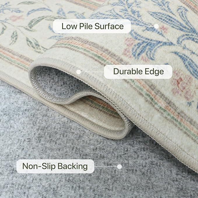 Bavni Floral Beige Pink Area Rugs 5x7, Vintage Boho Carpet Machine Washable, Non Slip Soft Low Pile Thin Rug for Bedroom, Living Room, Dining Room, Nursery