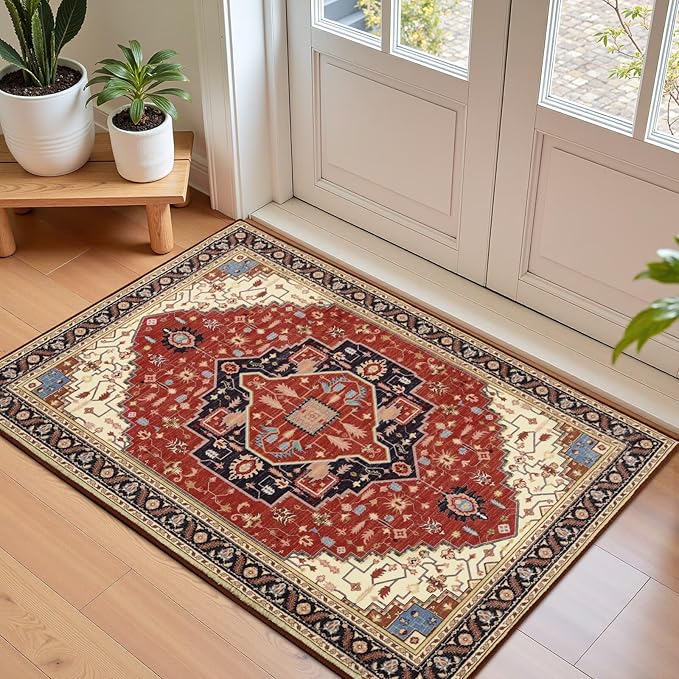 2x3 Orange Red Small Area Rug for Entryway, Soft Washable Rugs with Non-Slip Backing for Bedroom Kitchen, Vintage Throw Carpet Laundry Entry Front Door Decor