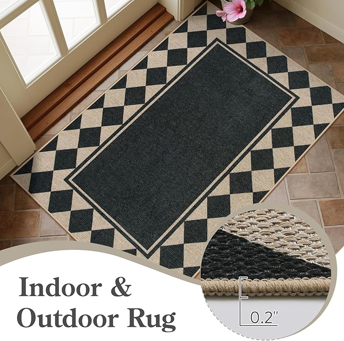 Moynesa Easy Jute Outdoor Rug 8x10 Area Rugs for Living Room, Washable Checkered Indoor Outdoor Patio Rug Non Slip, Farmhouse Carpet for Bedroom Dining Room Table, Black Grid Pattern