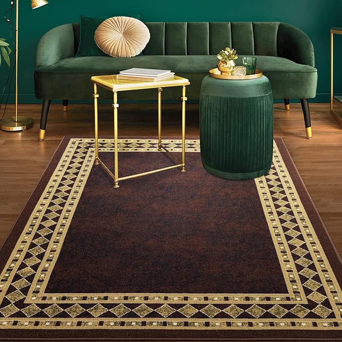 Antep Rugs Alfombras Modern Bordered 3x5 Non-Skid (Non-Slip) Low Profile Pile Rubber Backing Indoor Area Rugs (Brown Beige, 3' x 5')
